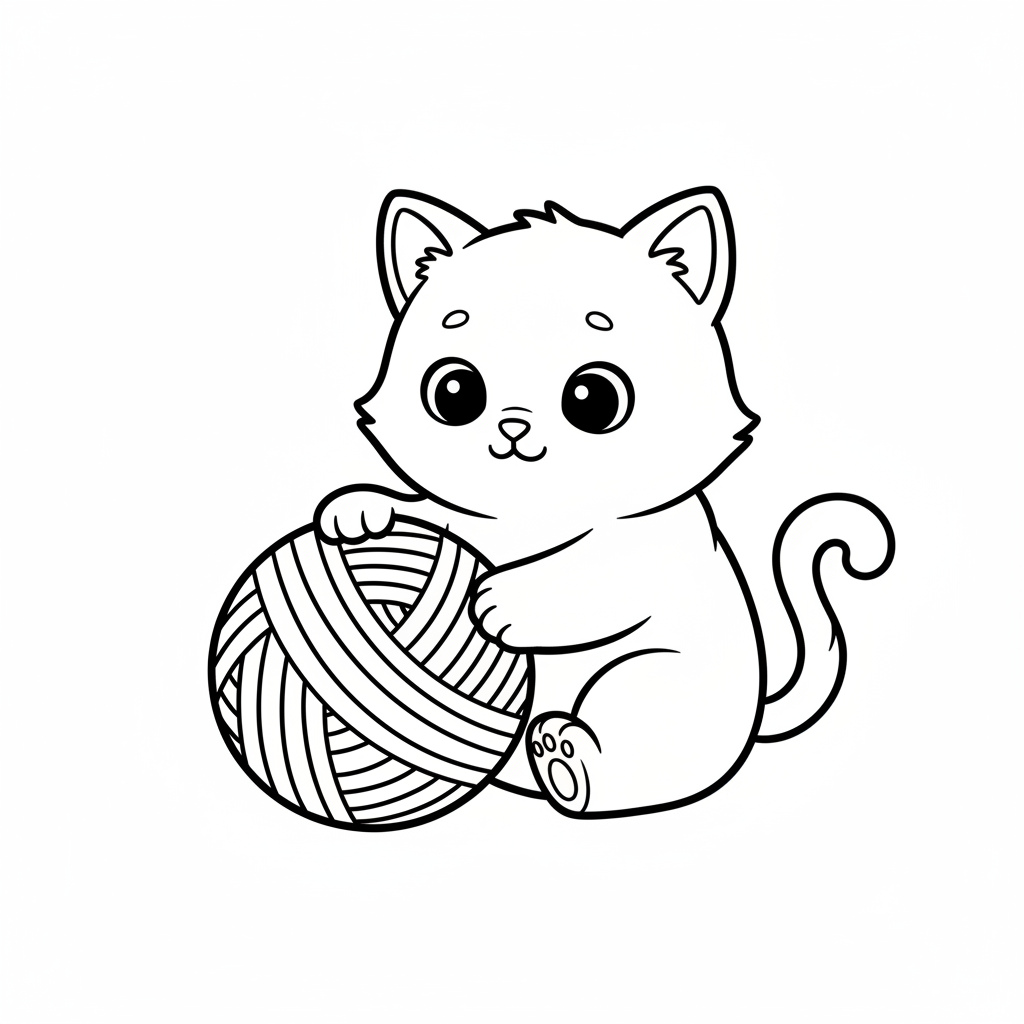 Süßes Kätzchen mit Wollknaeuel Ausmalbild