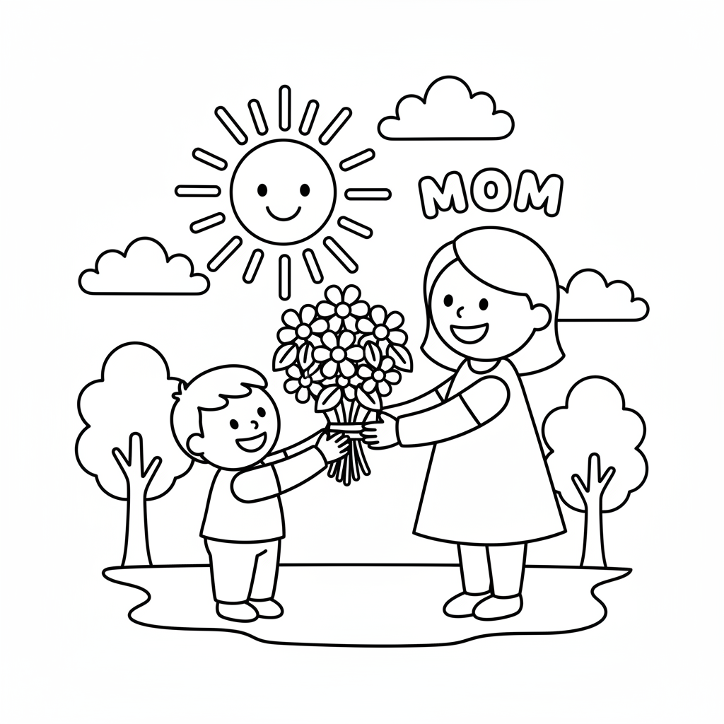 Kind gibt Mama einen Blumenstrauß Ausmalbild