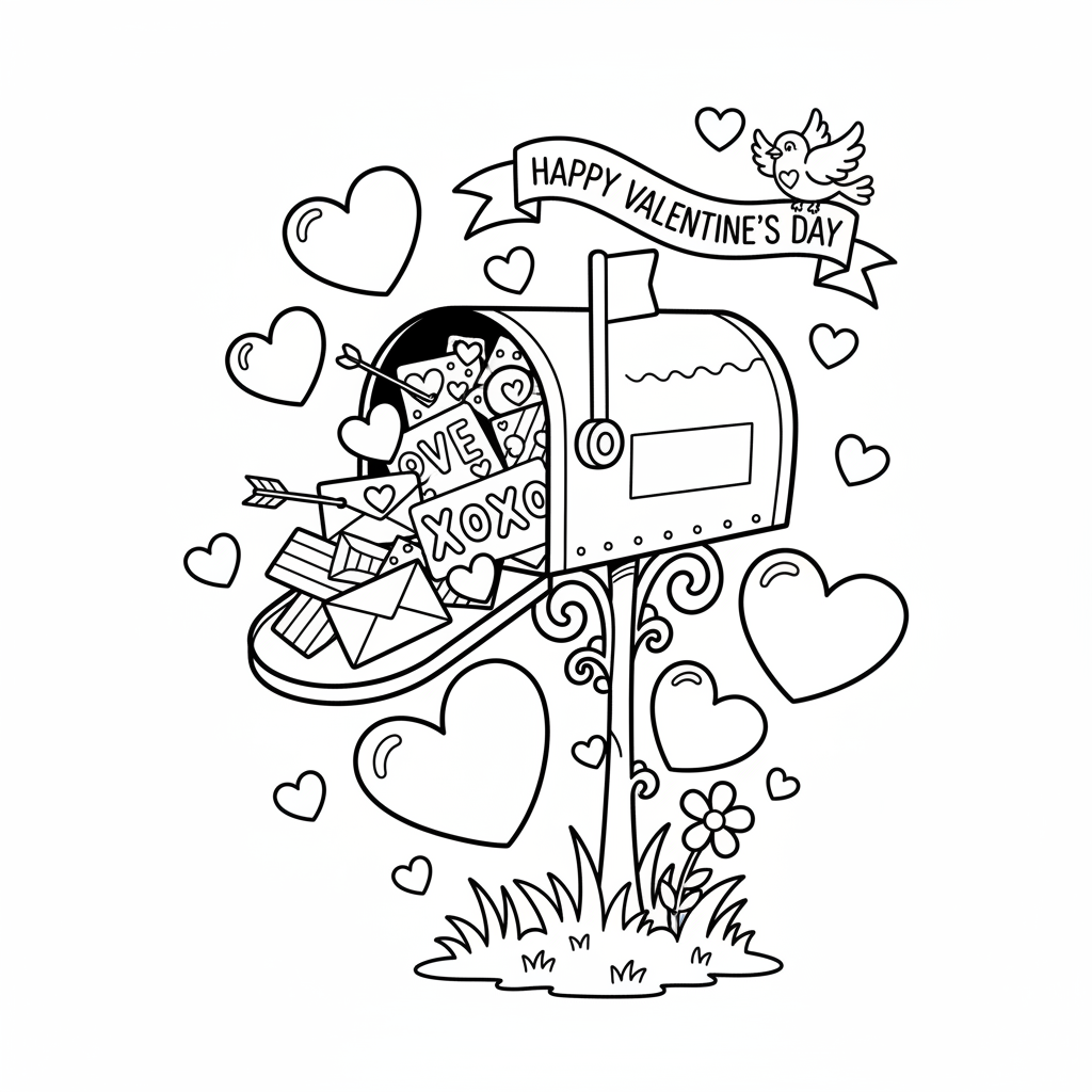 Valentins-Briefkasten voller Karten Ausmalbild