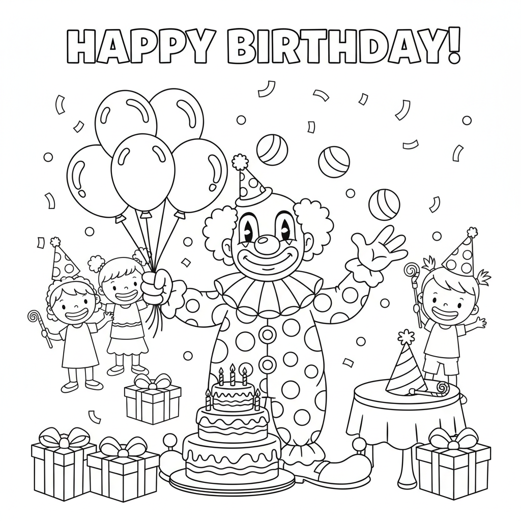 Clown bei Geburtstagsparty Ausmalbild