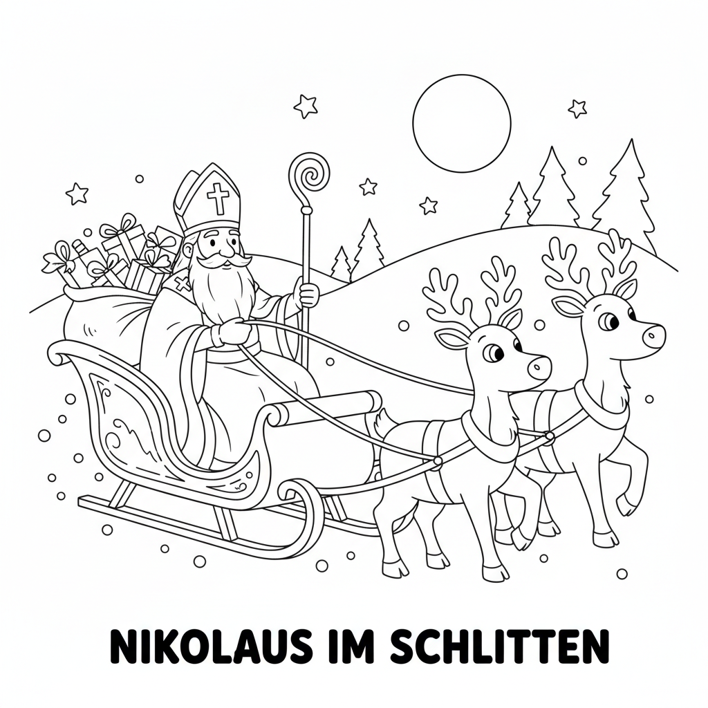 Nikolaus im Schlitten Ausmalbild