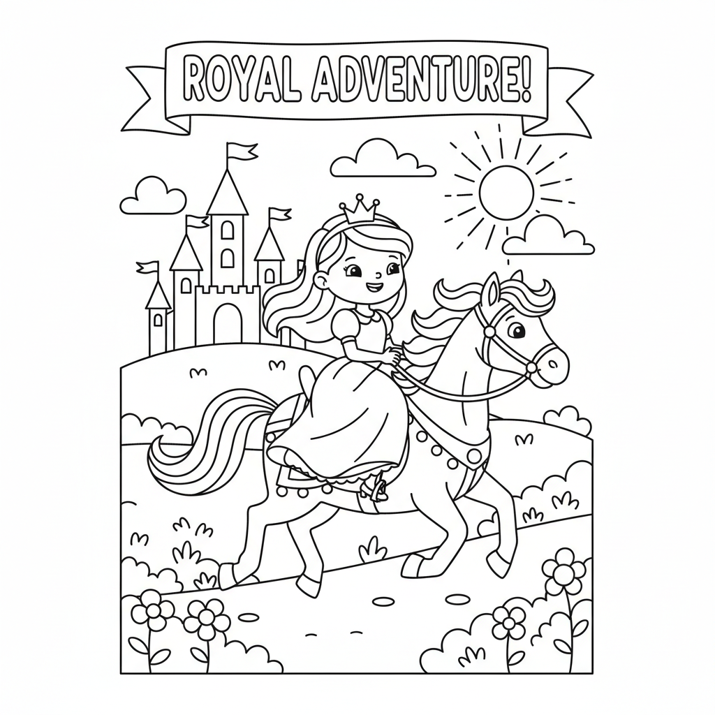 Prinzessin reitet auf Pferd Ausmalbild