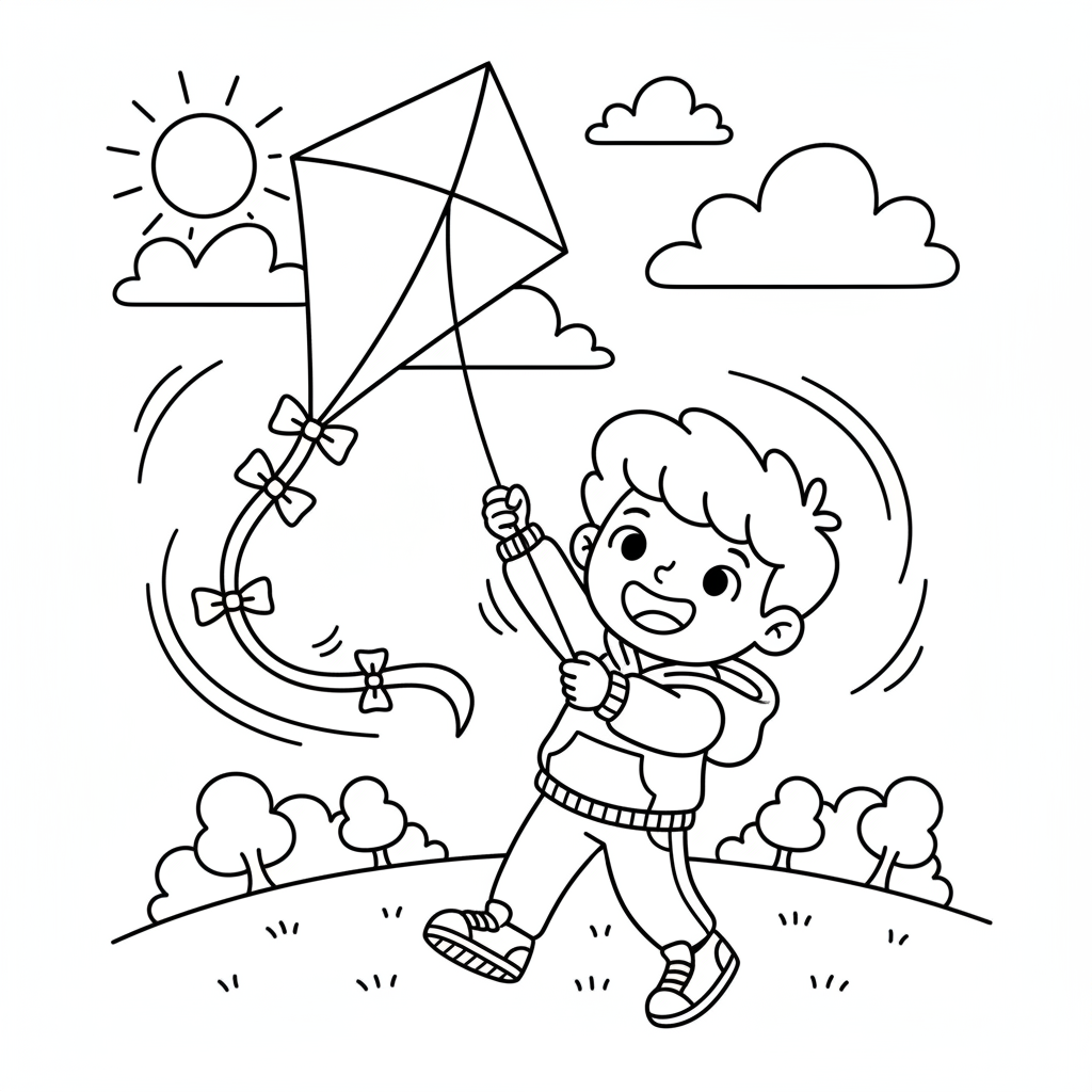 Kind laesst Drachen steigen Ausmalbild
