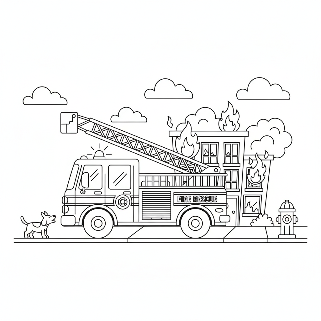 Feuerwehrauto mit Leiter rast zum Einsatz Ausmalbild