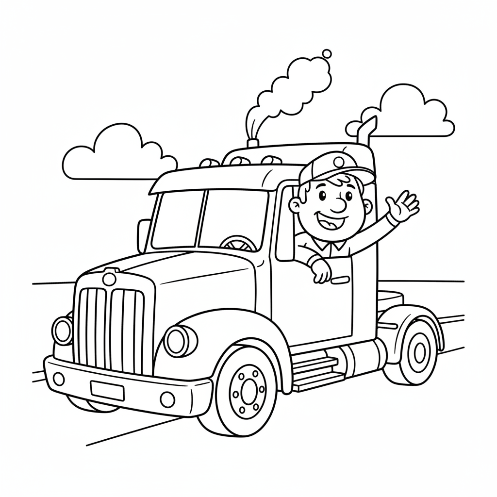 LKW-Fahrer winkt aus Kabine Ausmalbild