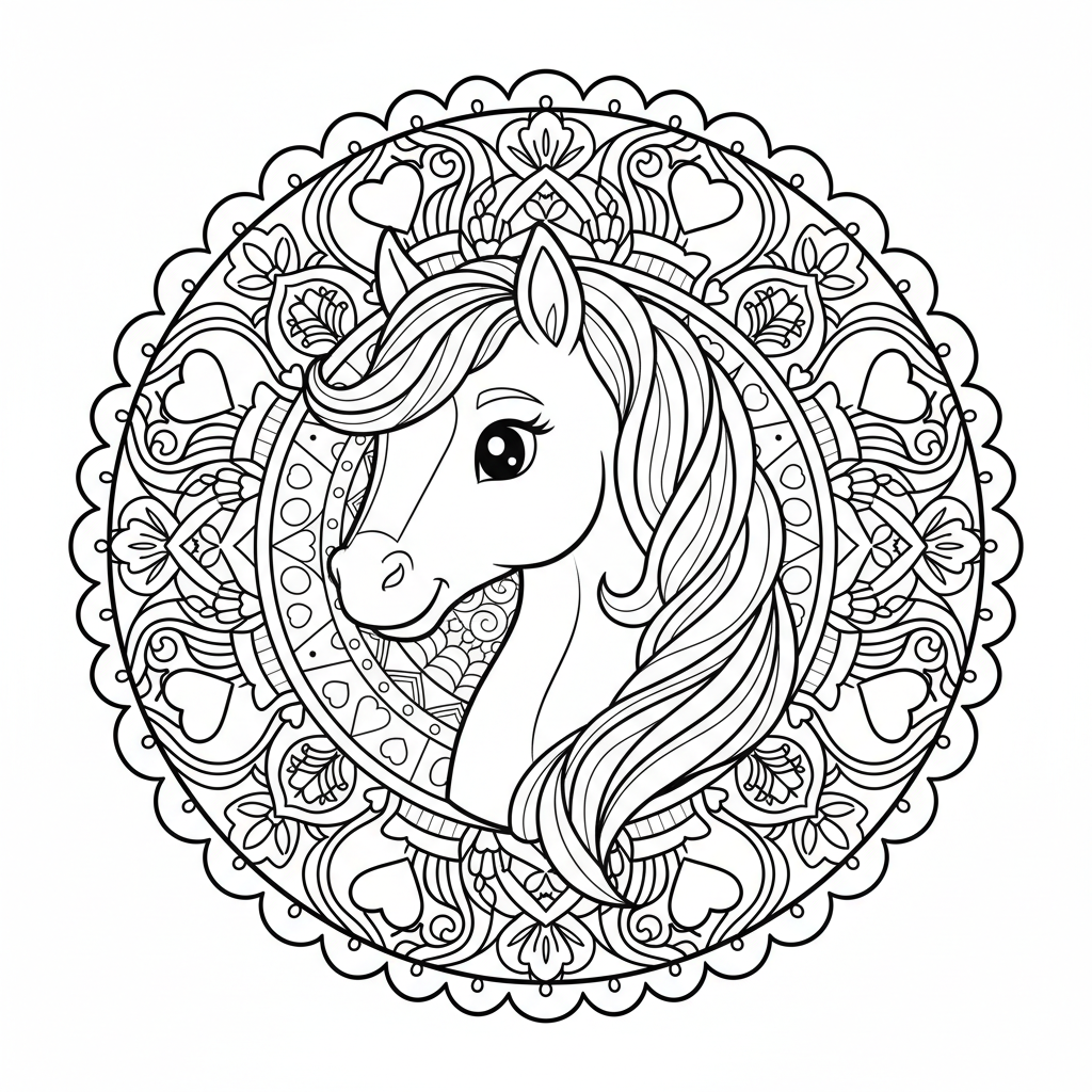 Pferde-Mandala mit Mähnen-Design Ausmalbild