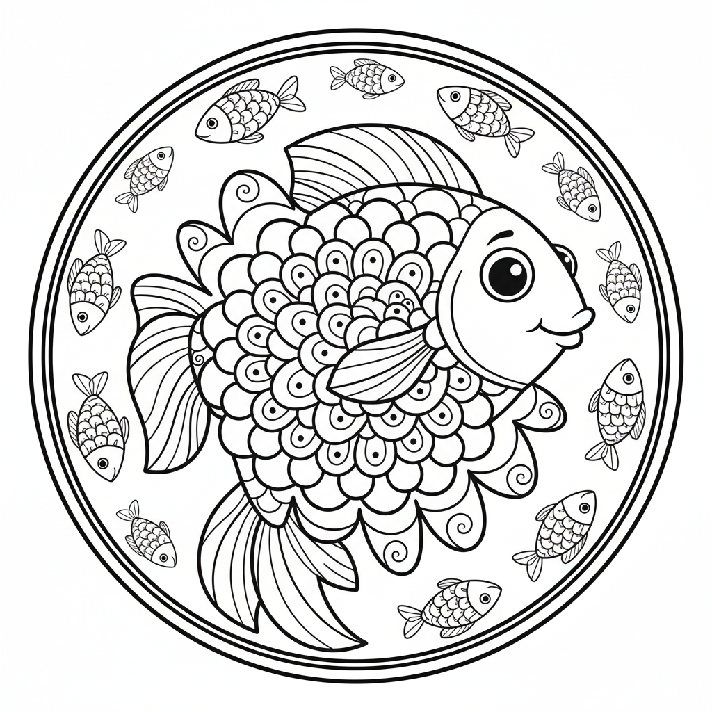 Fisch-Mandala mit Schuppenmuster Ausmalbild