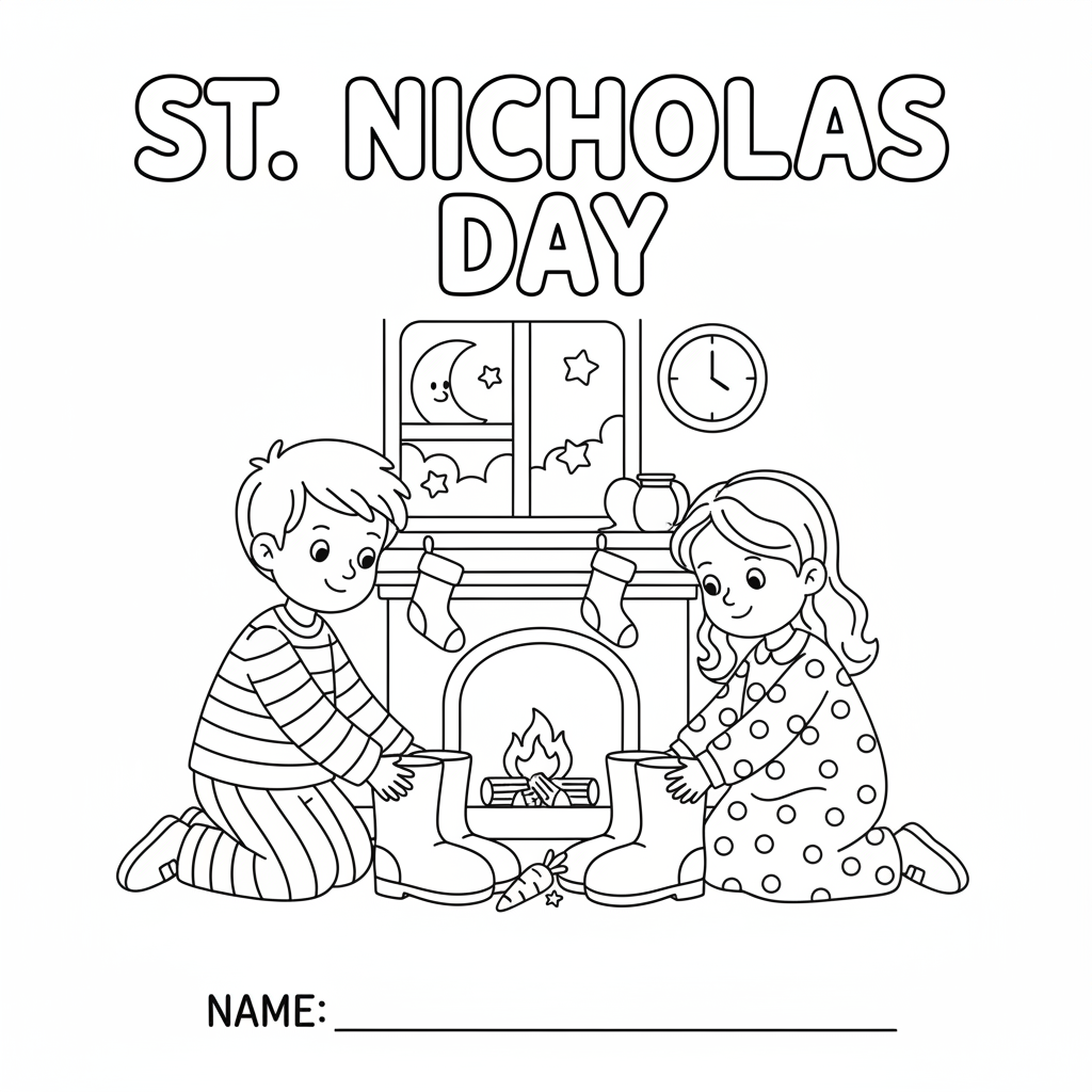 Kinder stellen Stiefel für Nikolaus raus Ausmalbild