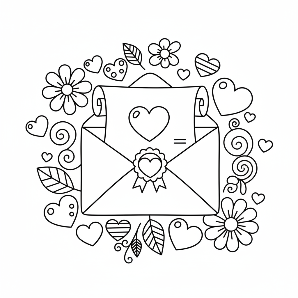 Liebesbrief mit Herzen und Blumen Ausmalbild