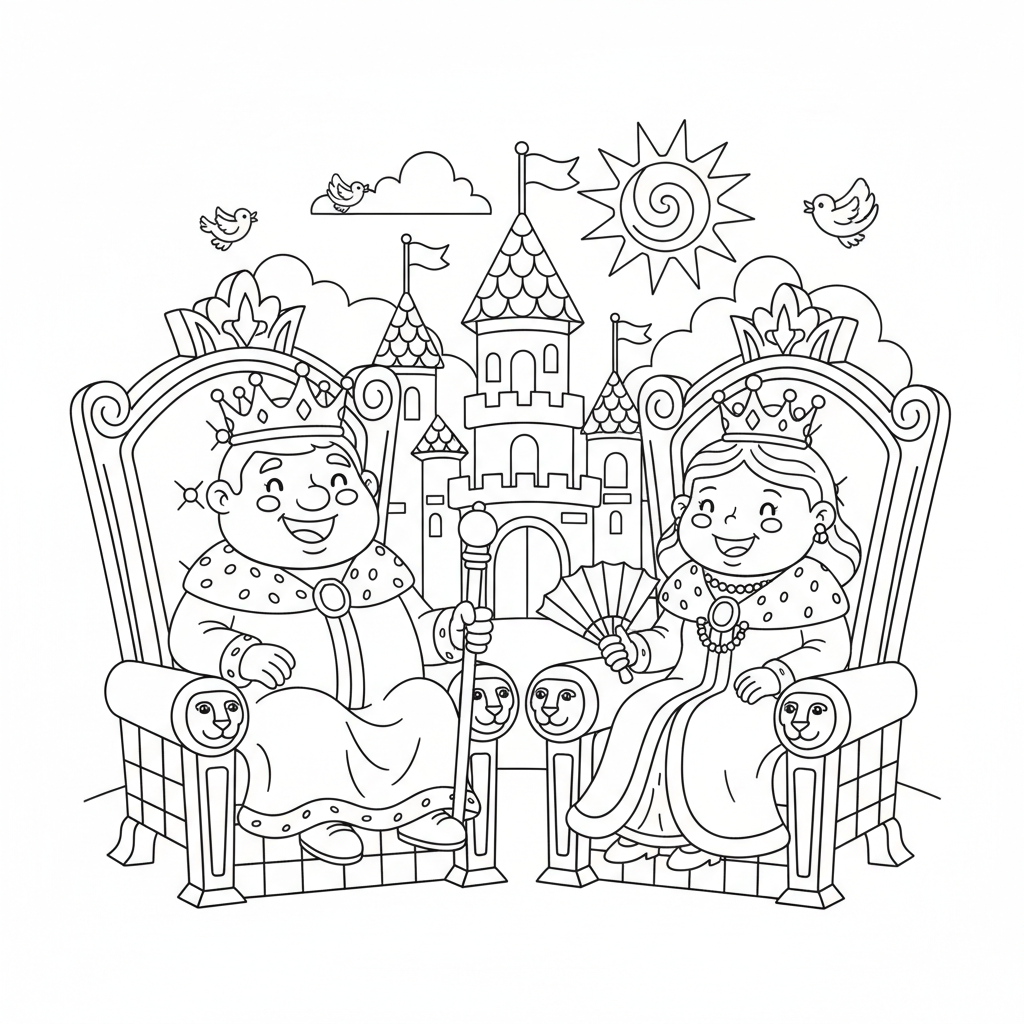 Koenig und Koenigin auf Thron Ausmalbild