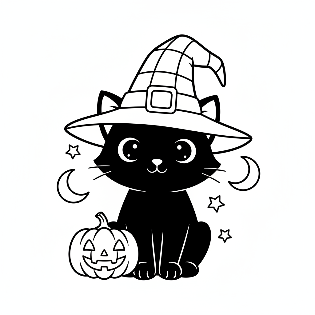 Schwarze Katze mit Hexenhut Ausmalbild