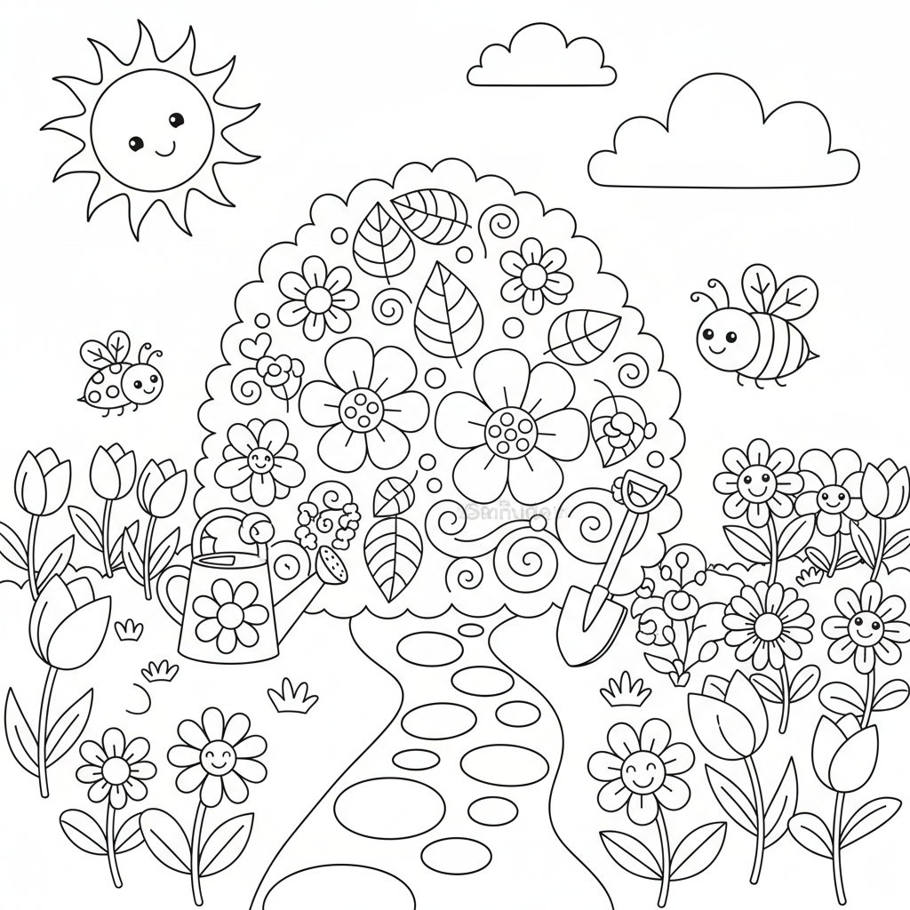 Fruehlingsgarten mit Blumen Ausmalbild