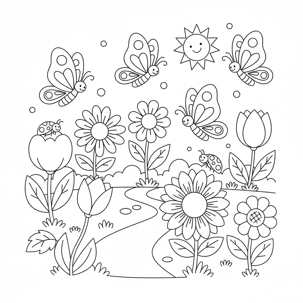 Garten mit Schmetterlingen und Blumen Ausmalbild