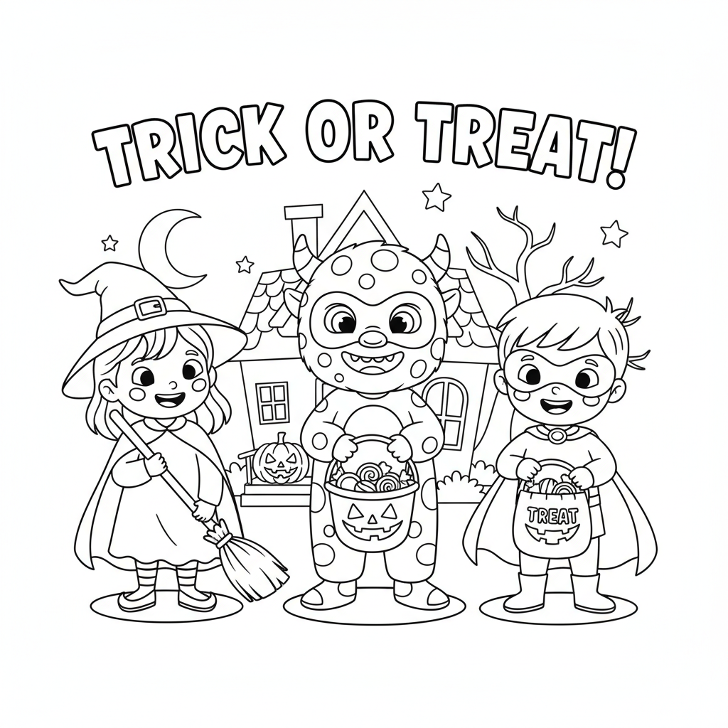 Kinder in Kostümen bei Süßes oder Saures Ausmalbild