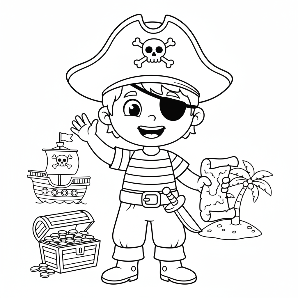 Kind als Pirat mit Augenklappe Ausmalbild