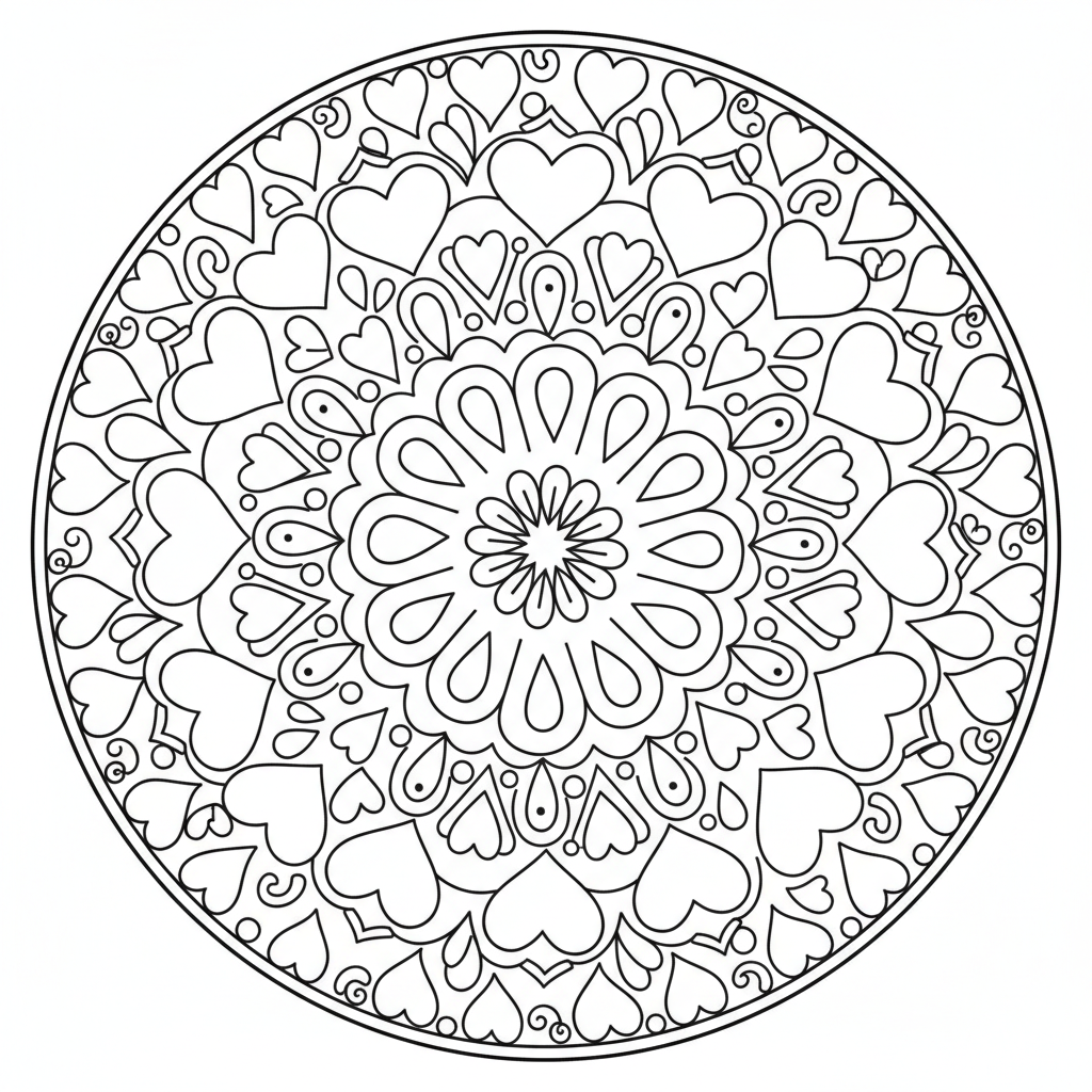 Rundes Mandala mit Herzen Ausmalbild